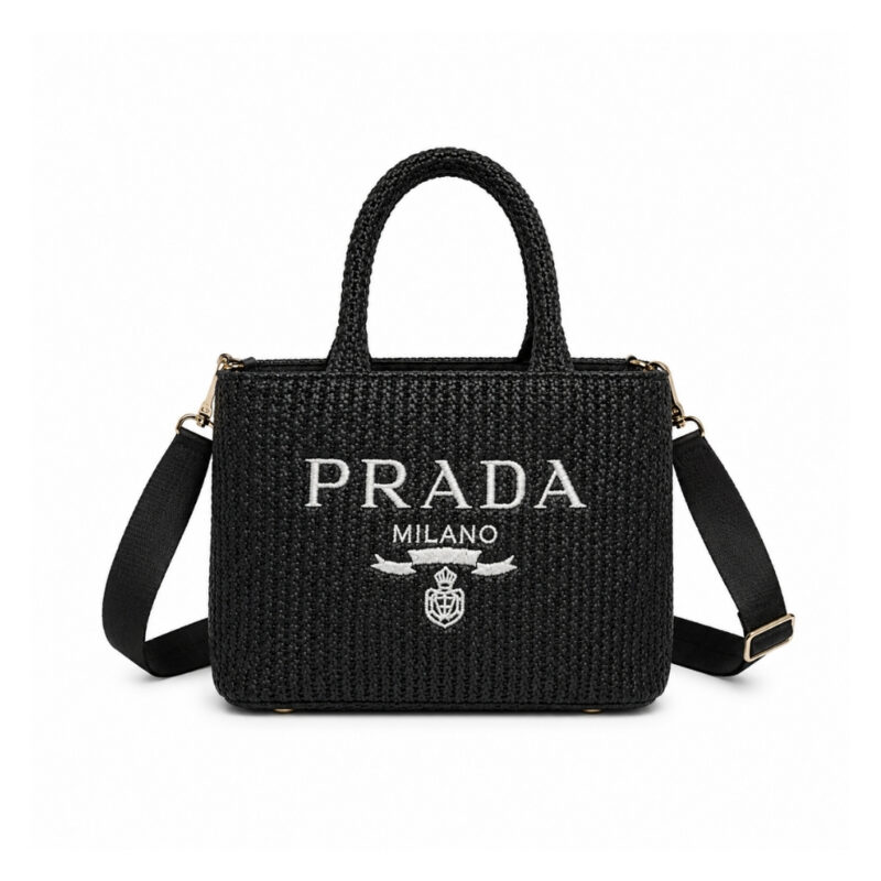 Prada Small Crochet Tote Bag Raffia In Black 26cm 1BG422 2A2T F0002 V OOL
