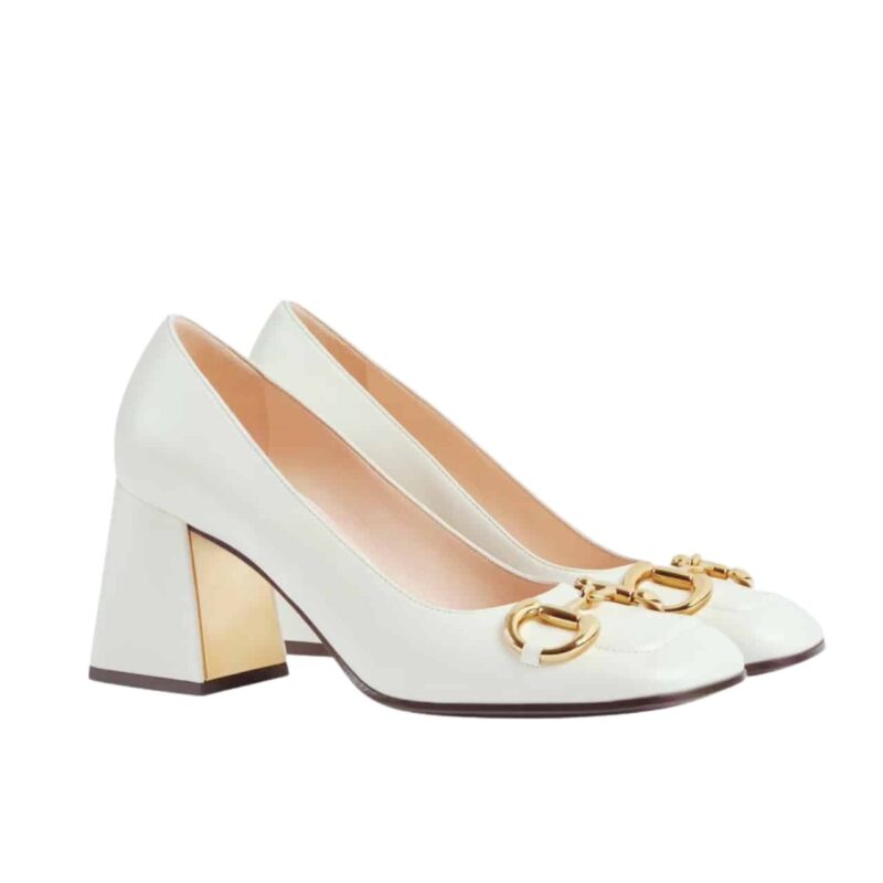 Gucci Women’S Mid Heel Pump With Horsebit White Leather 643886 C9D00 9022