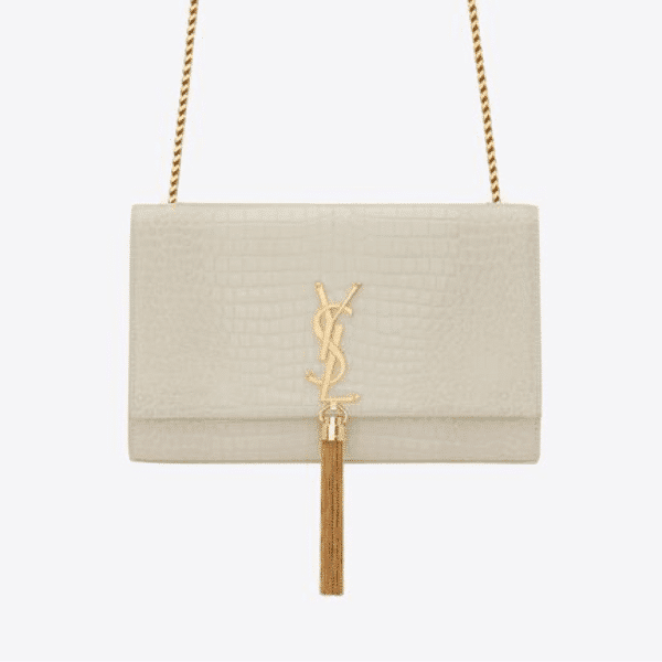 Saint Laurent Kate Medium Chain Bag With Tassel In Crocodile-Embossed Shiny White 354119Dnd0J9207