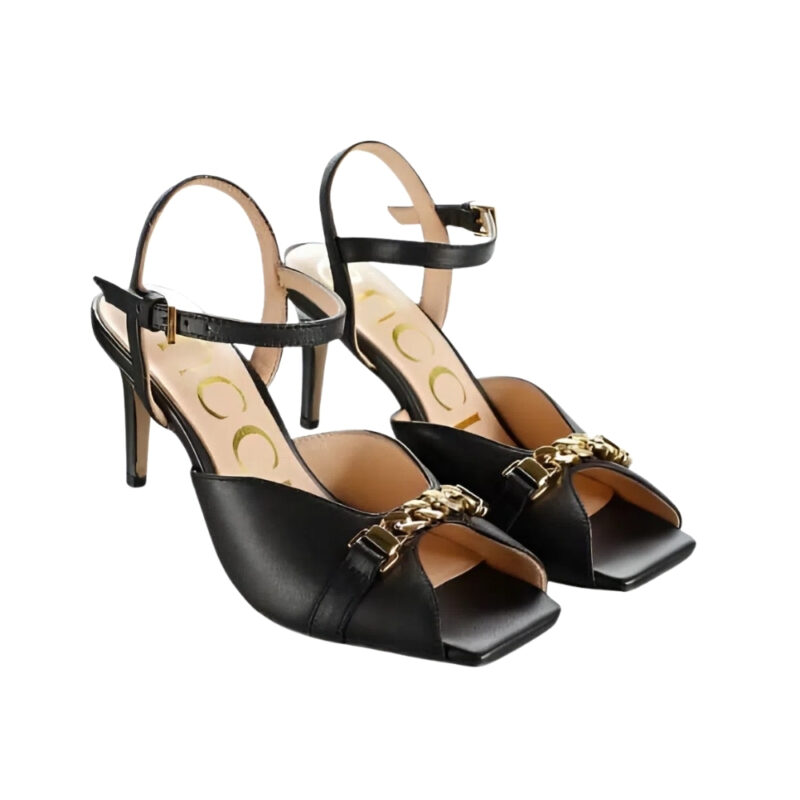 Gucci Metal Chain Stiletto Heels Flip Flop Fish Mouth Sandals Black