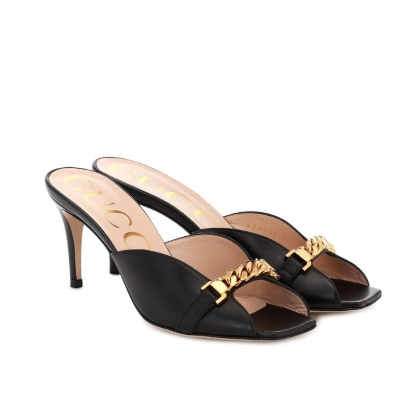 Gucci Sylvie Chain Mule Sandals Black Leather 626769 C9D00 1000
