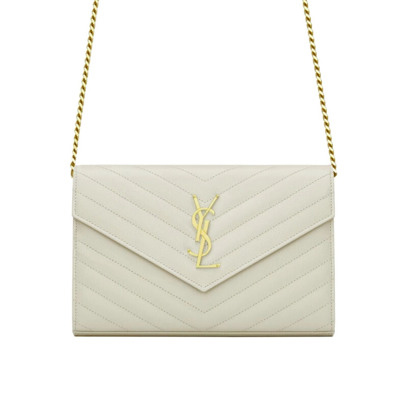 Saint Laurent Classic Cassandre Chain Wallet In Grain De Poudre Leather White 24Cm 377828Bow019207