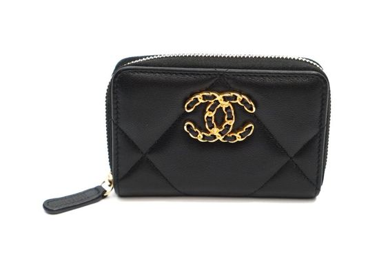 Chanel 19 Card Holder With Zipper Leather Black Wallet