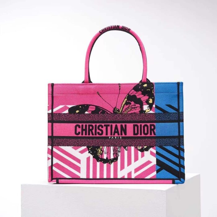 DIOR MEDIUM BOOK TOTE BRIGHT BLUE AND BRIGHT PINK D-JUNGLE POP EMBROIDERY 36CM M1296ZRON M885