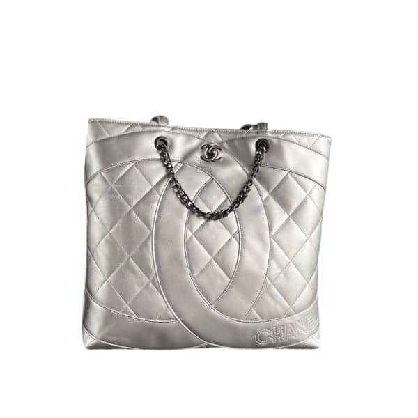 Chanel Cc Caviar Shopping Bag Silver 37Cm