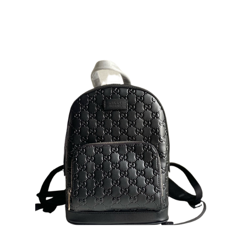 Gucci Signature Double G Backpack Embossed Black Leather 29Cm