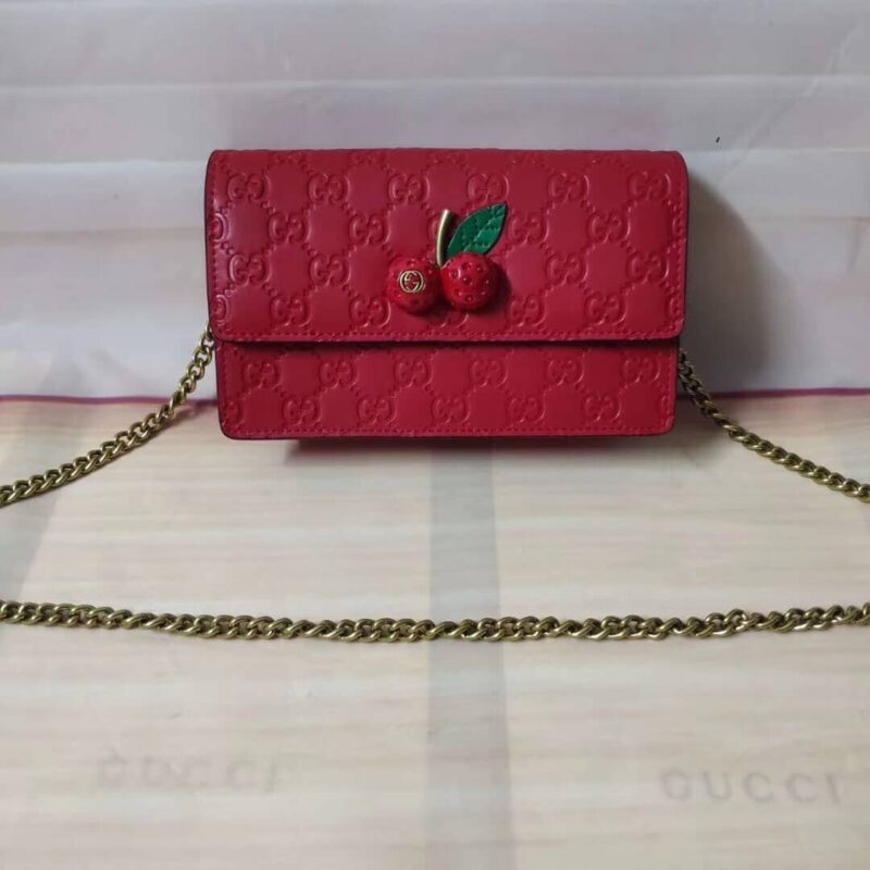 Alternative view of Gucci Guccissima Leather Mini Cherry Chain Shoulder Bag Red 20Cm