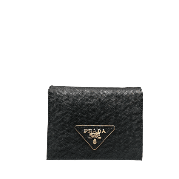 Prada Small Saffiano Lux Leather Flap Continental Triangle Black Wallet 10Cm