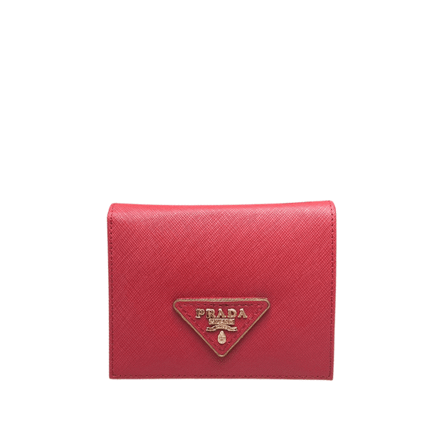 Prada Small Saffiano Lux Leather Flap Continental Triangle Red Wallet 10Cm