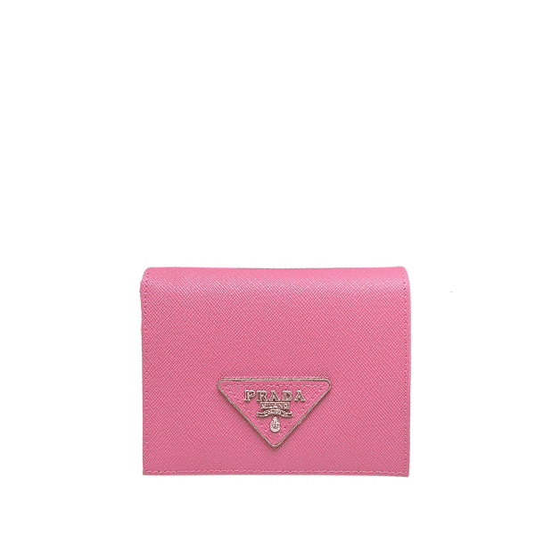 Prada Small Saffiano Lux Leather Flap Continental Triangle Light Pink Wallet 10Cm