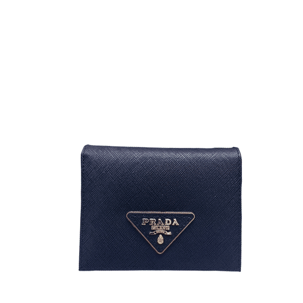 Prada Small Saffiano Lux Leather Flap Continental Triangle Navy Blue Wallet 10Cm