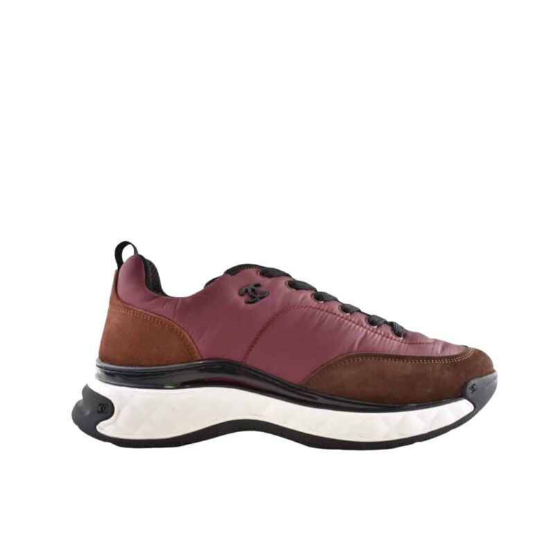 Chanel Cc Logo Lace Up Low Top Trainer Sneaker Dark Pink