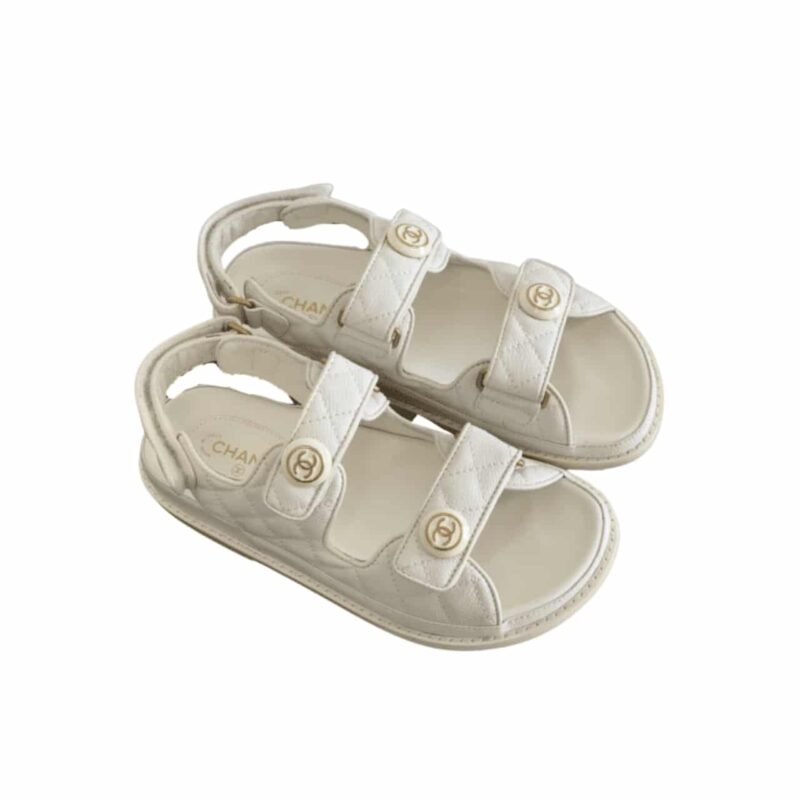 Chanel Cc Button Velcro White Sandals Grained Calfskin Leather