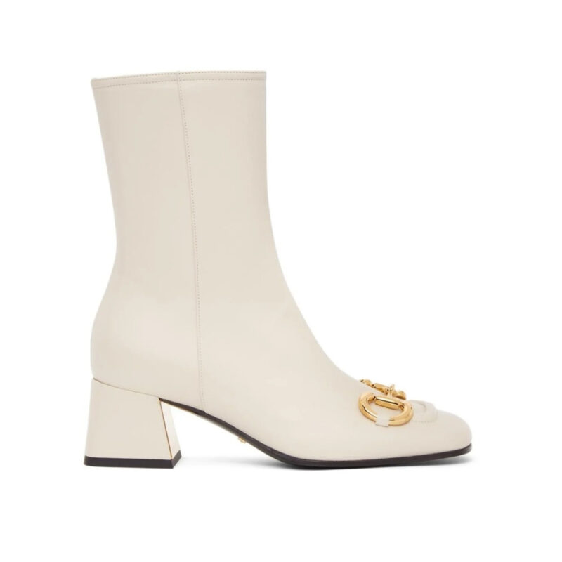 Gucci Women'S Horsebit Mid Heel Ankle Boots White 643888 Bko00 9022
