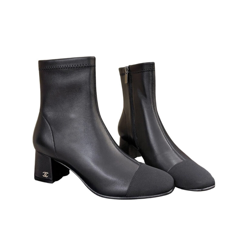 Chanel Square Toe Leather Ankle Boots Shiny Black