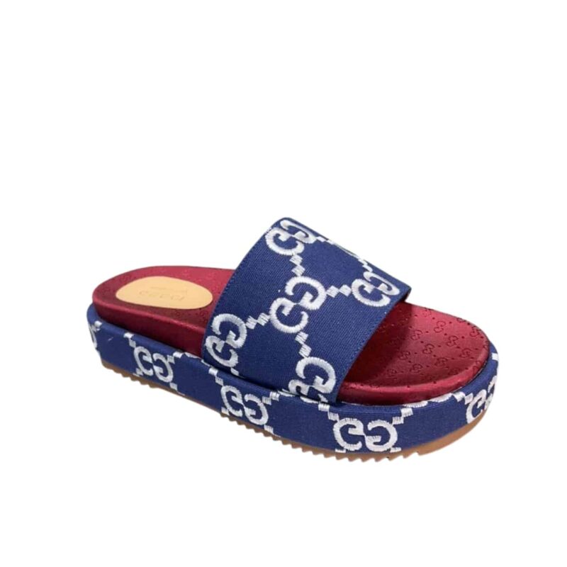 Gucci Women'S With Gg Pattern Slide Sandal Dark Blue