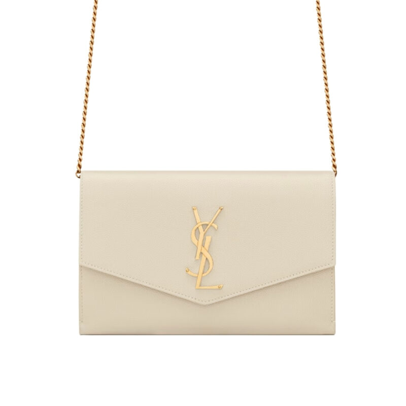 Saint Laurent Uptown Chain Wallet In Grain De Poudre Embossed Leather Blanc Vintage 19Cm 6077881Gf0J9207