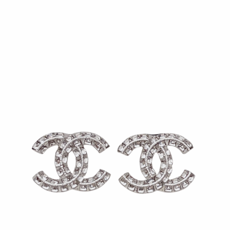 Chanel Cc Crystal Stud Earrings Metal Silver