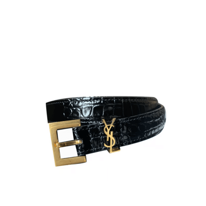 Saint Laurent Croc Embossed Leather Belt Black And Gold 26267332