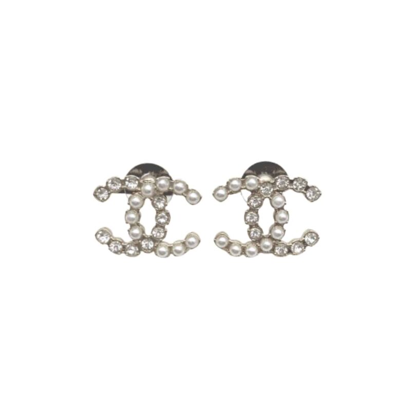 Chanel Cc Crystal Pearl Silver Earrings