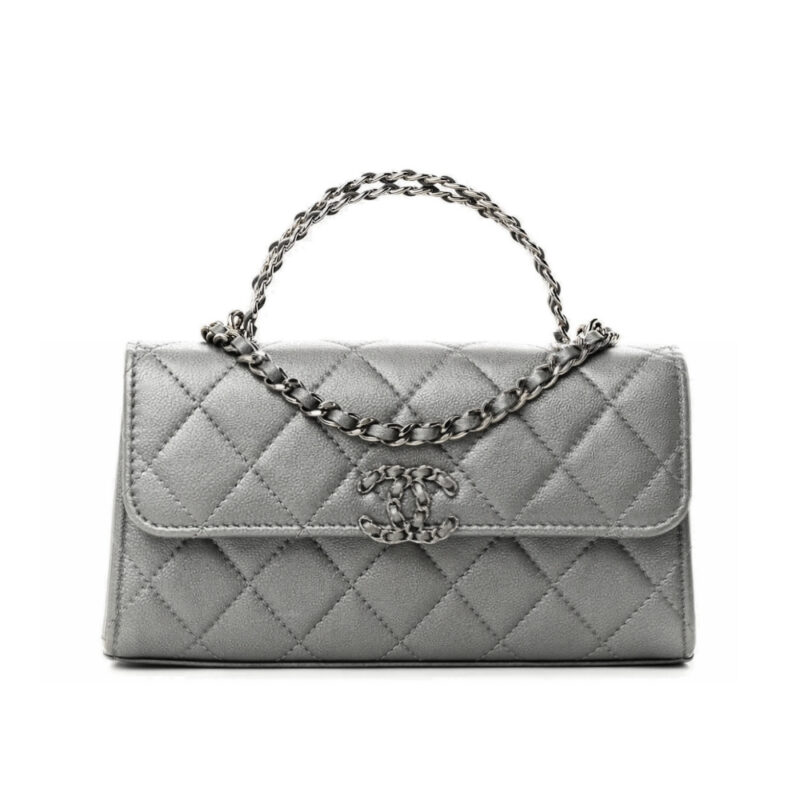 Chanel 23P Clutch With Chain Bag Grained Leather Silver 18cm