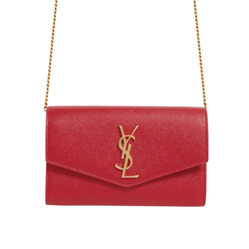 Saint Laurent Uptown Chain Wallet In Grain De Poudre Embossed Leather Red 19Cm