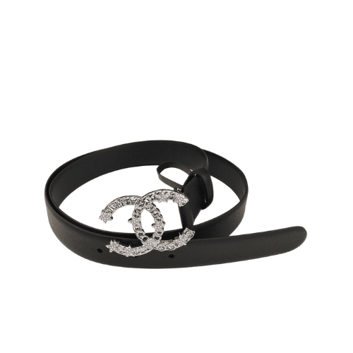 Chanel Pearls Crystal Sliver Black Belt 28Mm
