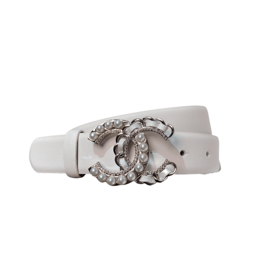 Chanel Belt With Pearls And Cc Logo Belt White 28Mm