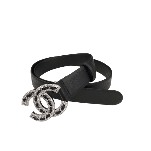 Chanel Glass Pearls Crystal Silver Black Belt 28Mm