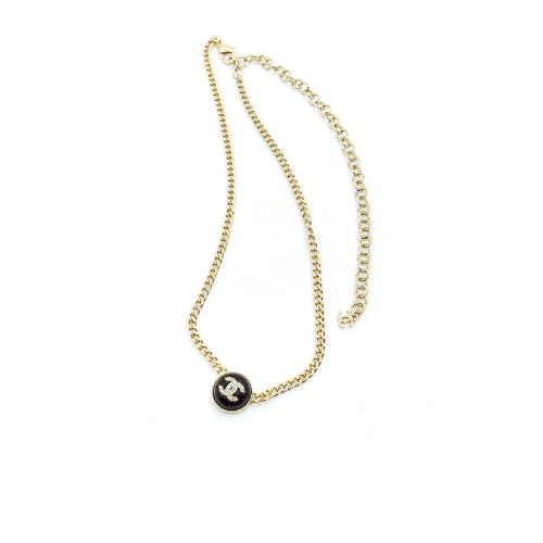 Chanel Logo Cc Necklace In Gold Metal Black Resin