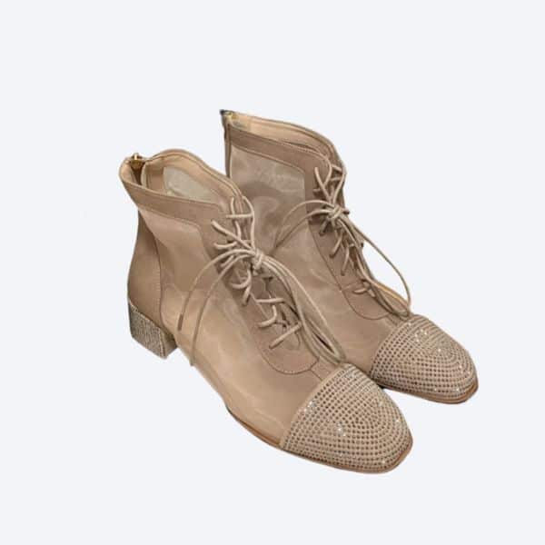DIOR MESH FABRIC MIDDLE HEEL BOOTS BEIGE