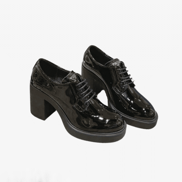 Prada Heeled Brushed Leather Lace-Ups Shiny Black