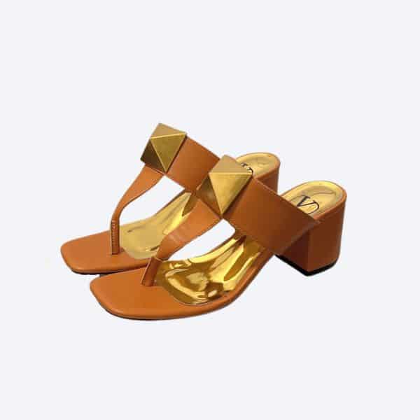 Valentino One Stud Metallic Nappa Flat Middle Heel Beige Thong Sandal