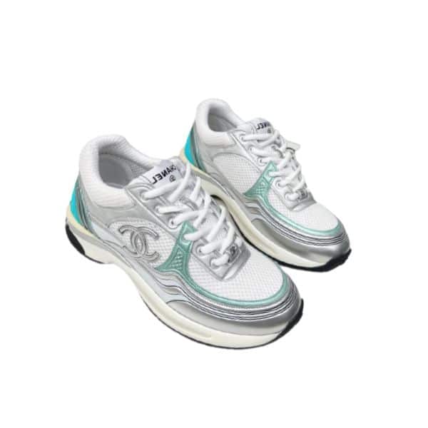 Chanel 23C Silver Metallic Cc Logo Lace Up Flat Runner Trainer Sneaker White Turquoise