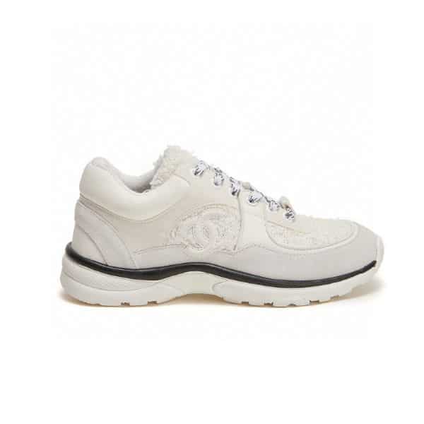 Chanel Velour Tweed Cc Sneakers White