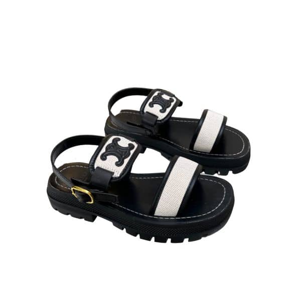 Celine Clea Triomphe Sandal In Calfskin Canvas Black
