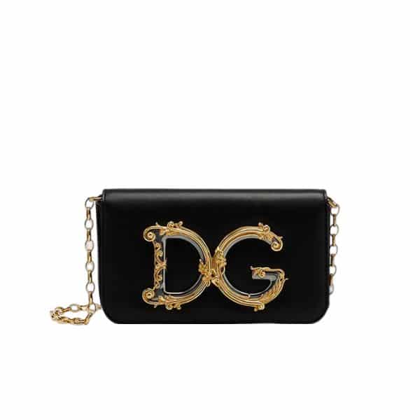 Dolce Gabbana Girls Calf Leather Chain Clutch Black 19Cm