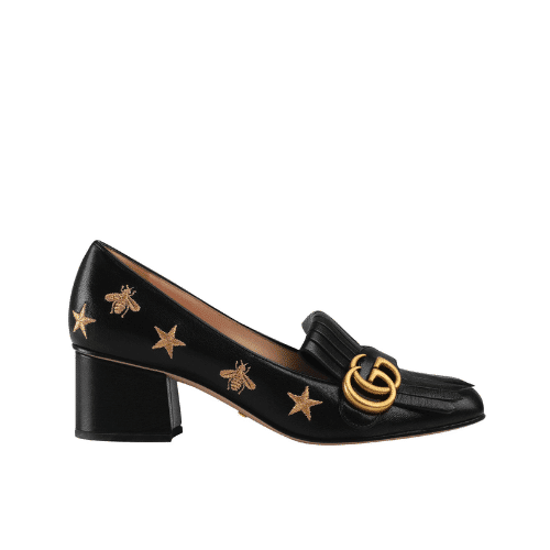 Gucci Embroidered Bee Star Leather Mid-Heel Pump Black