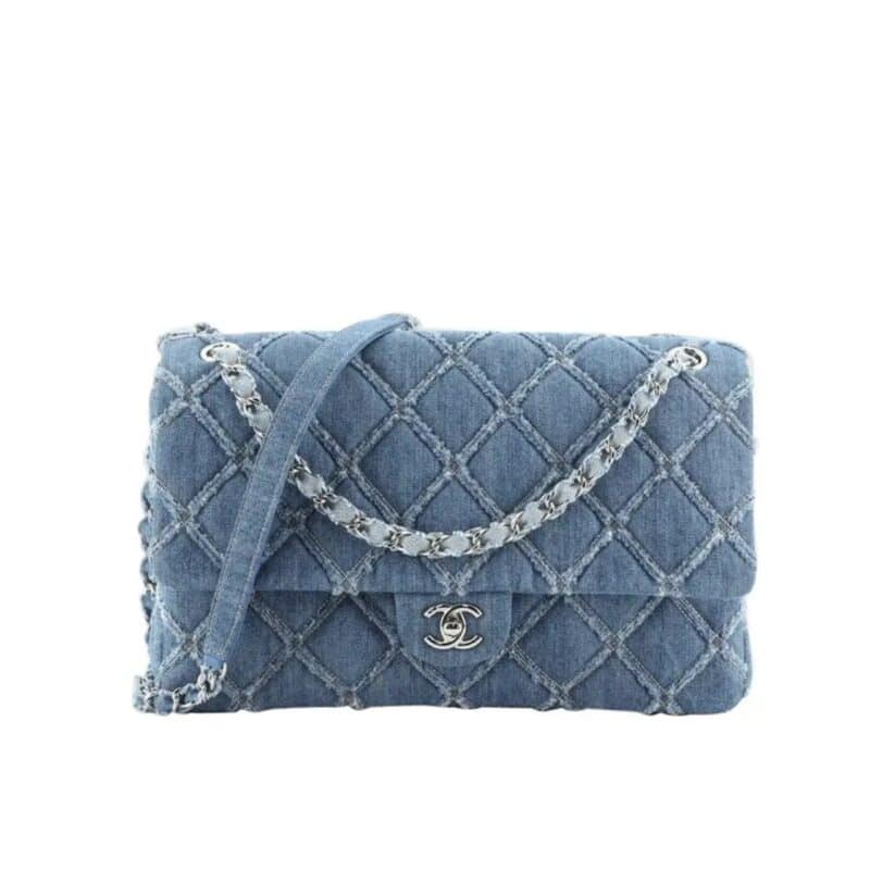 Chanel Cc Chain Flap Quilted Denim Jumbo Blue 25Cm