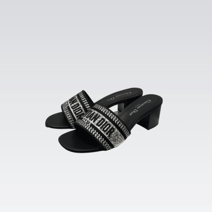 DIOR DWAY HEELED SLIDE EMBROIDED COTTON BLACK