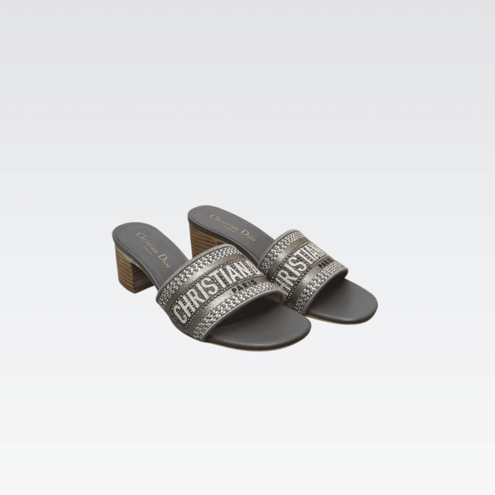 DIOR DWAY HEELED SLIDE EMBROIDED COTTON DARK GREY