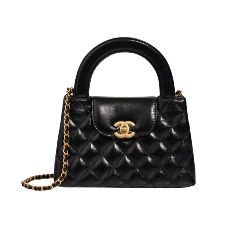 Chanel Kelly Mini Shopping Bag Shiny Aged Gold Tone Metal Black 19Cm AS4416 B14296 94305