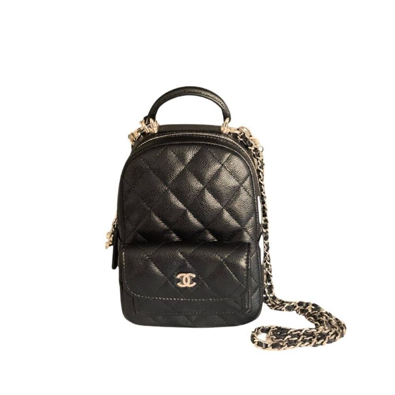 Chanel Grained Calfskin Leather Backpack With Chain Black 18Cm