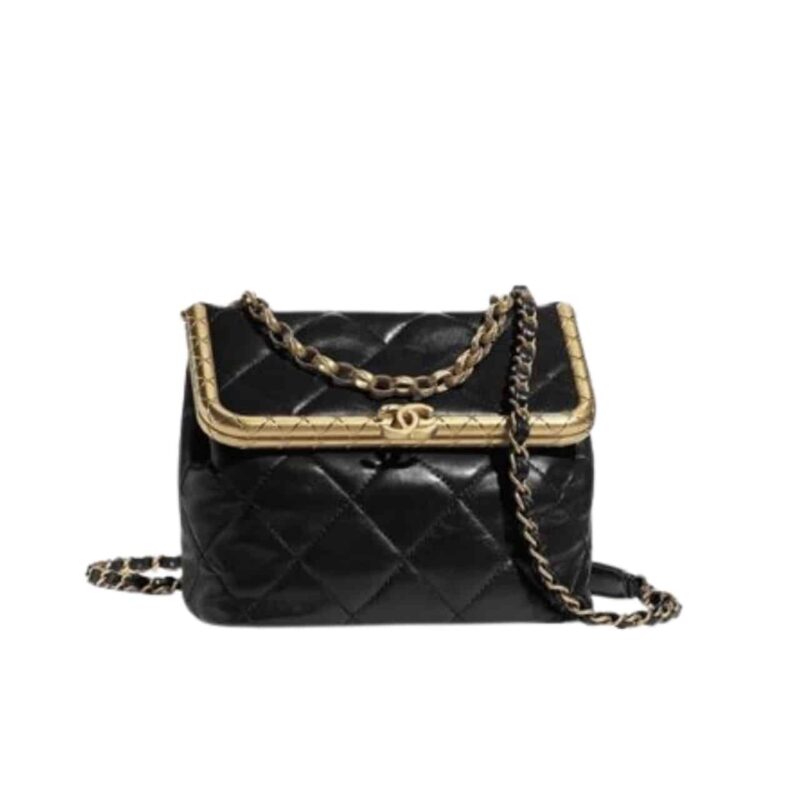 Chanel Kiss Lock Evening Black Leather Quilted 19Cm
