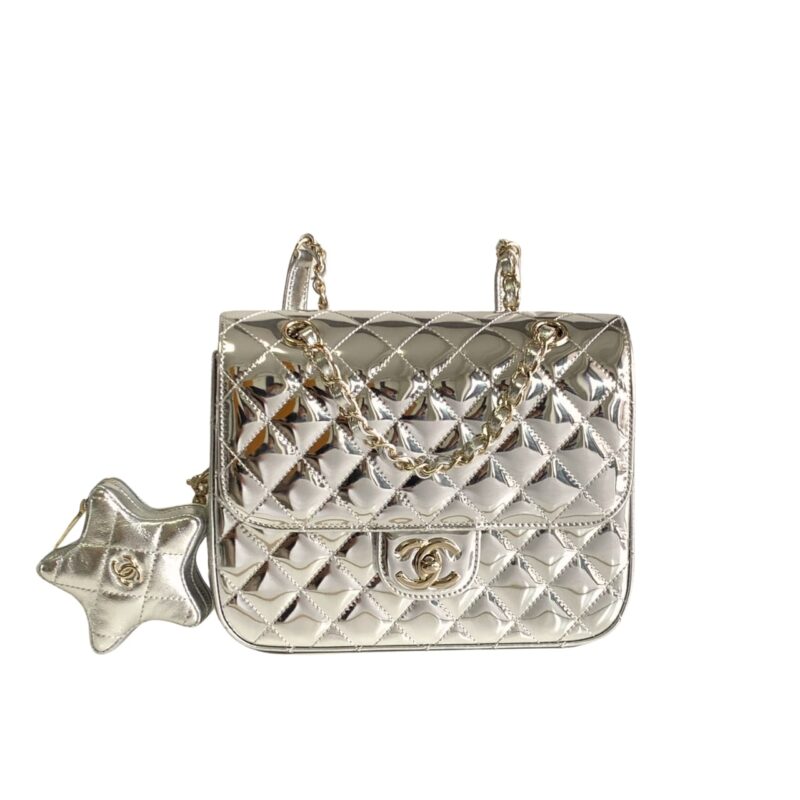 Chanel 24C Mirror Star Coin Purse Mini Flap Bag Metallic Silver 23Cm