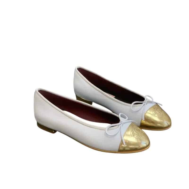 Chanel Leather Cap Toe Ballet Flats White Gold
