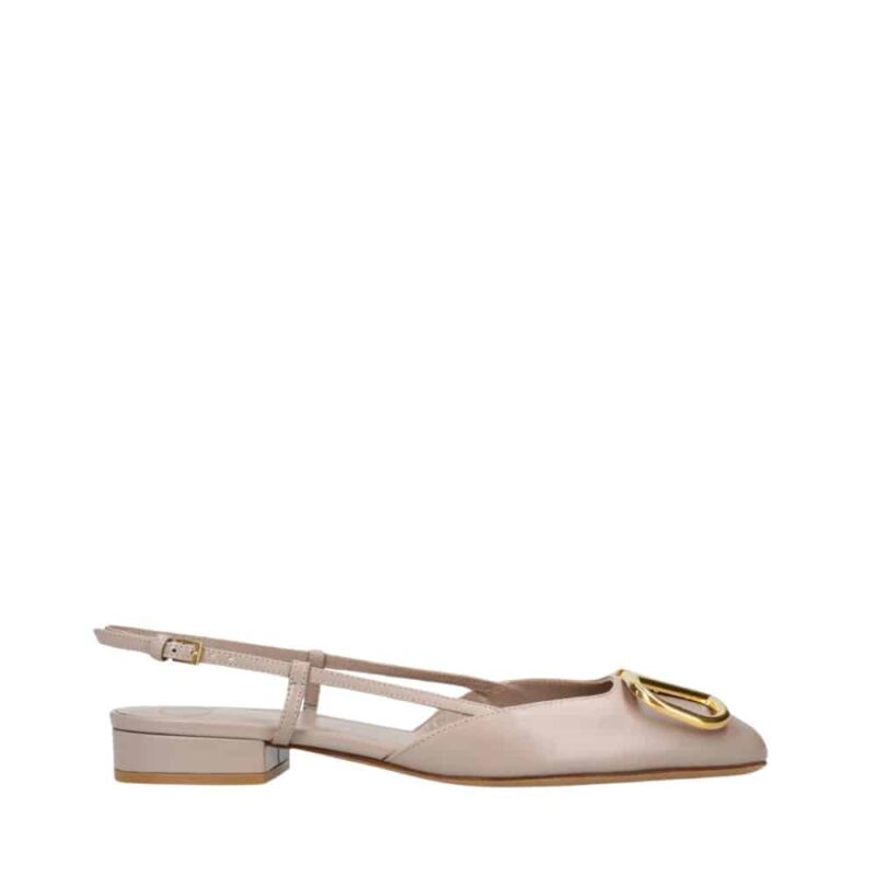 Valentino Garavani V Logo Leather Slingback Flats Beige