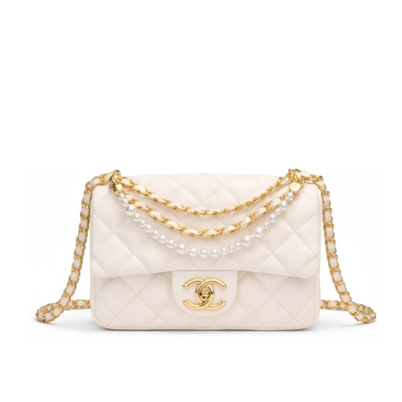 Chanel Mini Flap Bag Shiny Imitation Pearls And Gold Tone Metal White 17Cm AS4384 B15773 U2361