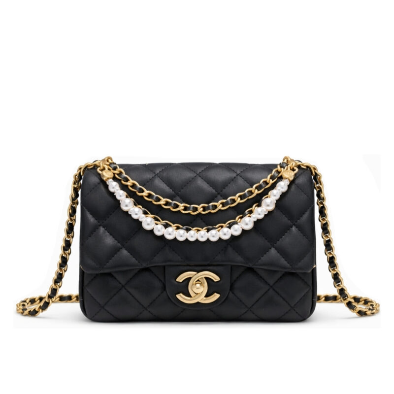 Chanel Mini Flap Bag Shiny Imitation Pearls And Gold Tone Metal Black 17Cm