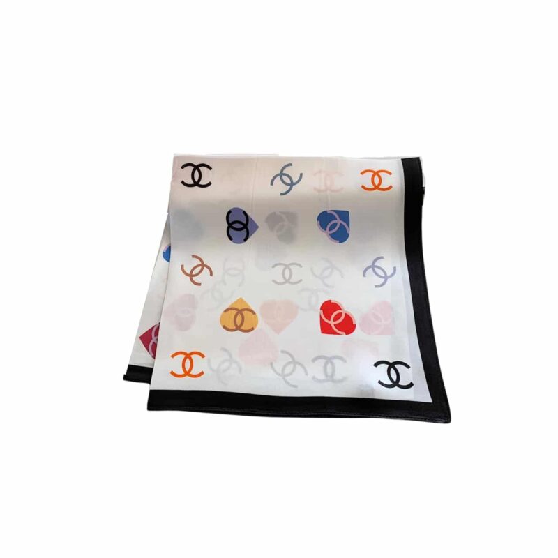Chanel Heart And Cc Logo Silk Square Scarf White
